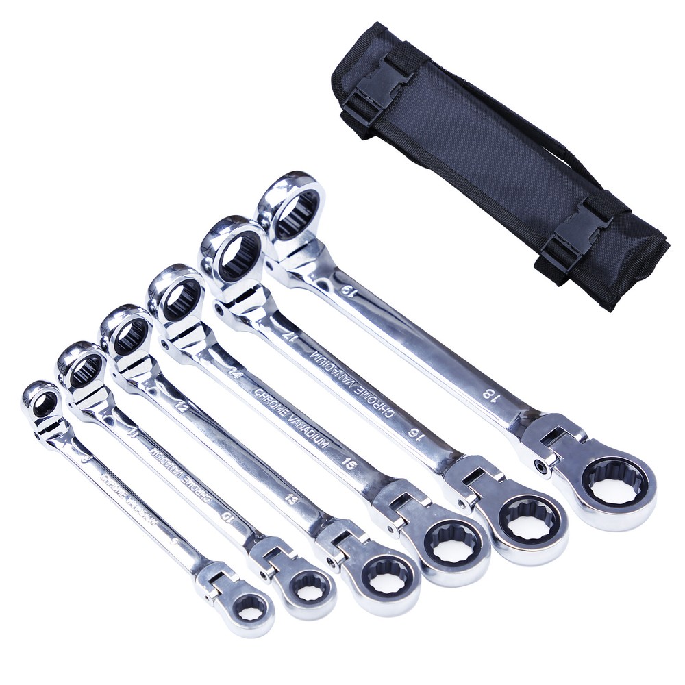 6Pc Double Box End Ratcheting Wrench Flex-Head Extra Long Heavy Duty Spanner Set
