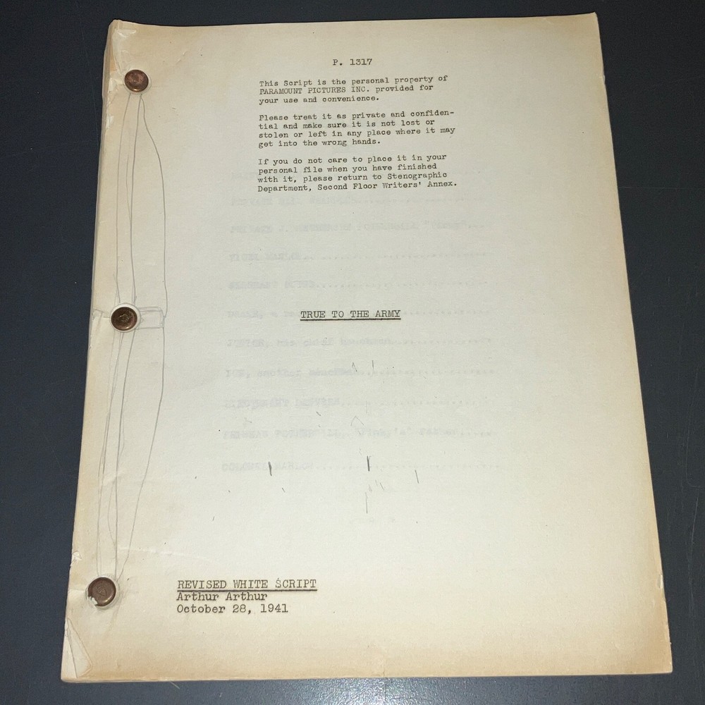 Original 1941 True to the Army Movie Script Paramount Sequence Drafts Archive CO