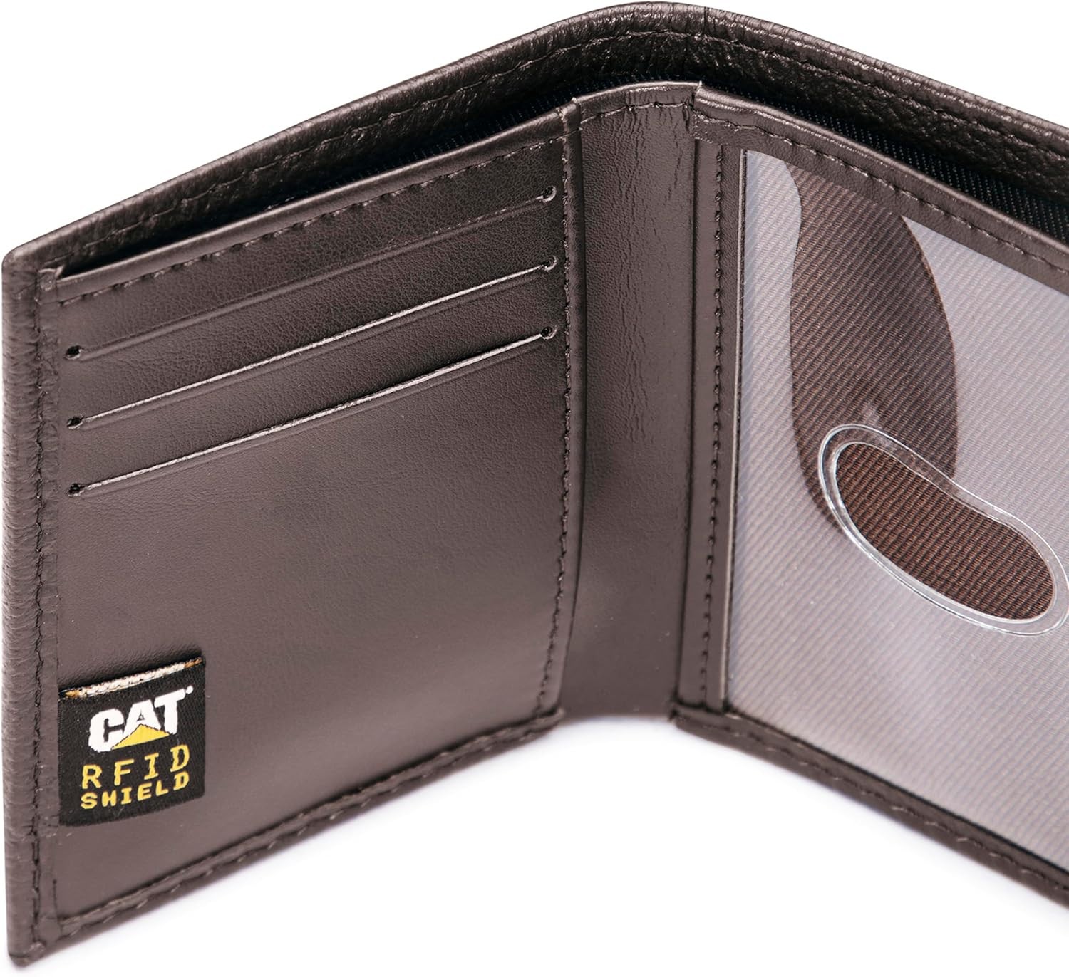 CAT Caterpillar Mens GENUINE LEATHER RFID Trifold Wallet Brown Chocolate in TIN