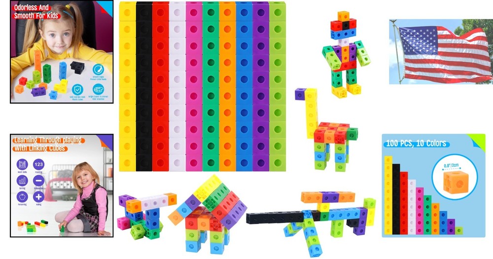 Quality 100 Math Linking Cubes for Early STEM Learning - Safe & Durable