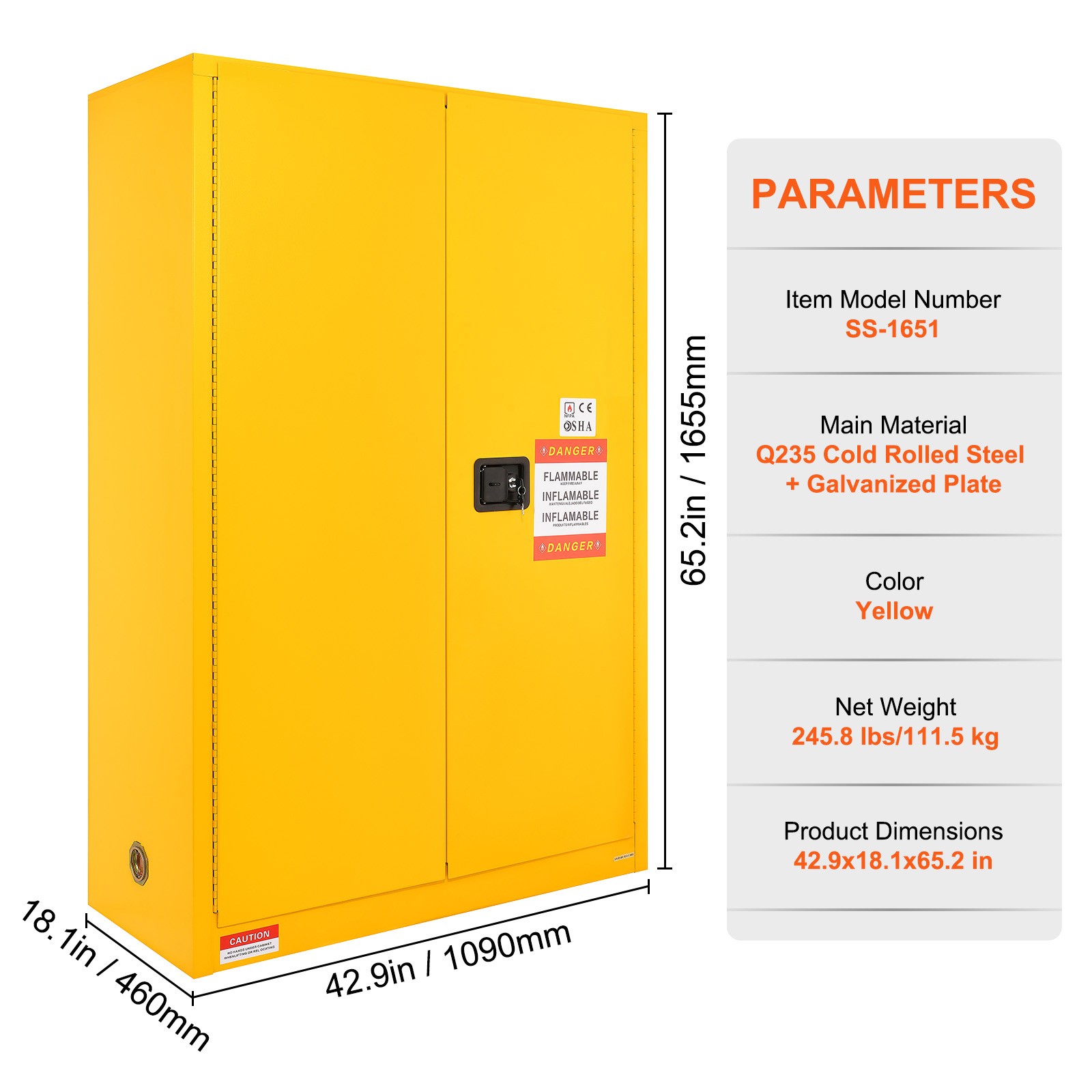 Flammable Safety Cabinet Liquid Storage 45 Gal 42.9x18.1x65.2 in Cabinet