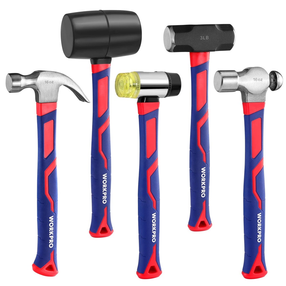 WORKPRO 5-Piece Hammer Set: Sledge, Ball Peen, Claw, Rubber, Double-Faced Mallet