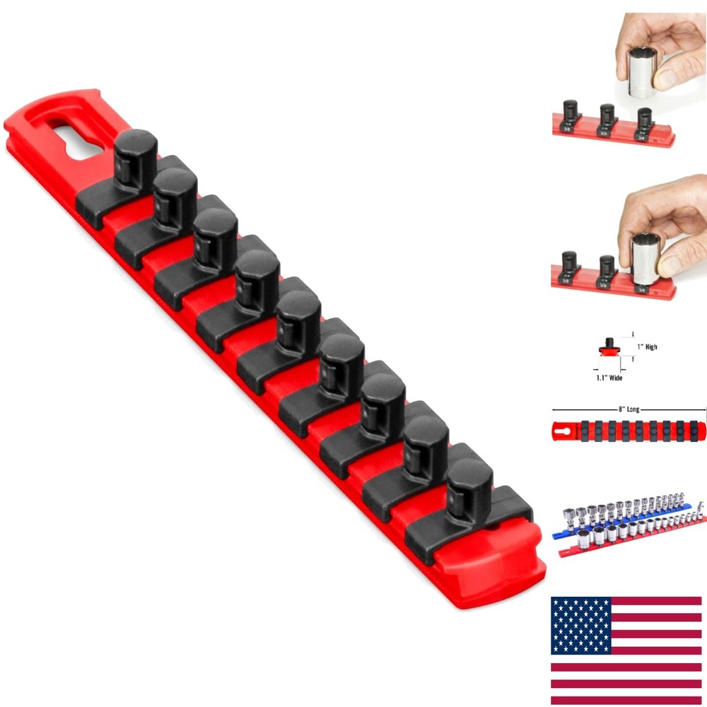 Ernst 8-Inch Red Socket Organizer with 9 Twist Lock Clips - Effortless Tool S...