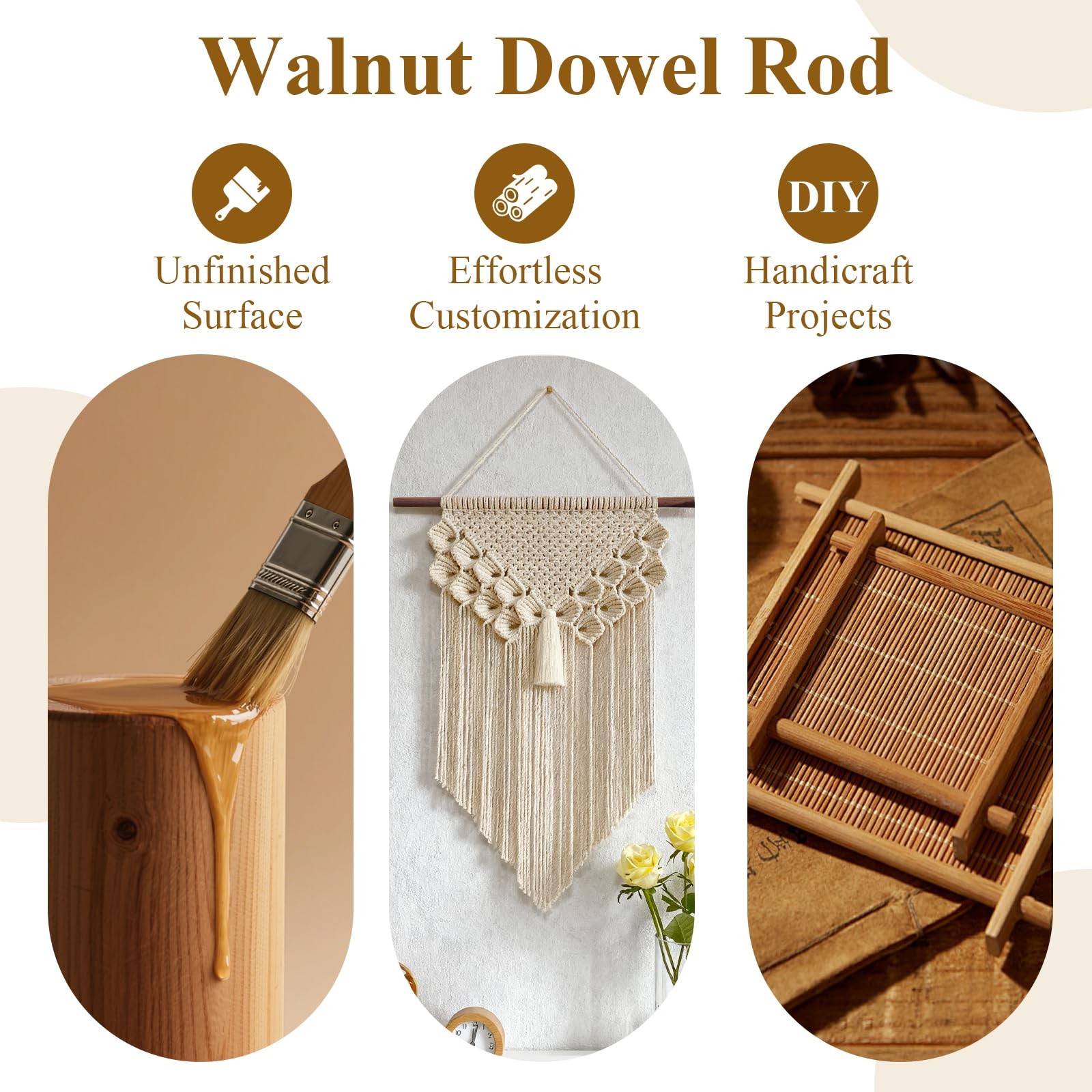 10 Pack Walnut Wooden Dowel Rods 3/8 x 12 Inch (10 x 300mm) Wood Color