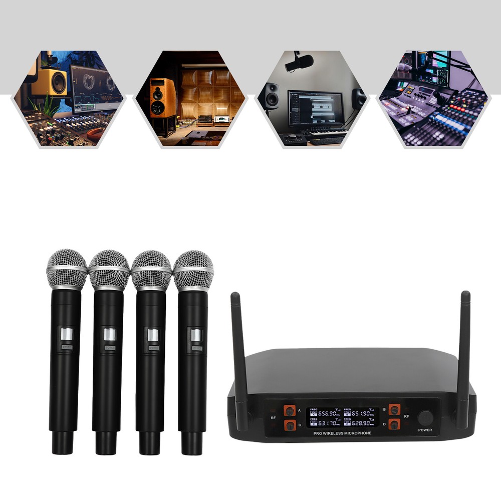 4 Channel Wireless Microphone System Pro Audio UHF Handheld Dynamic Mic Party