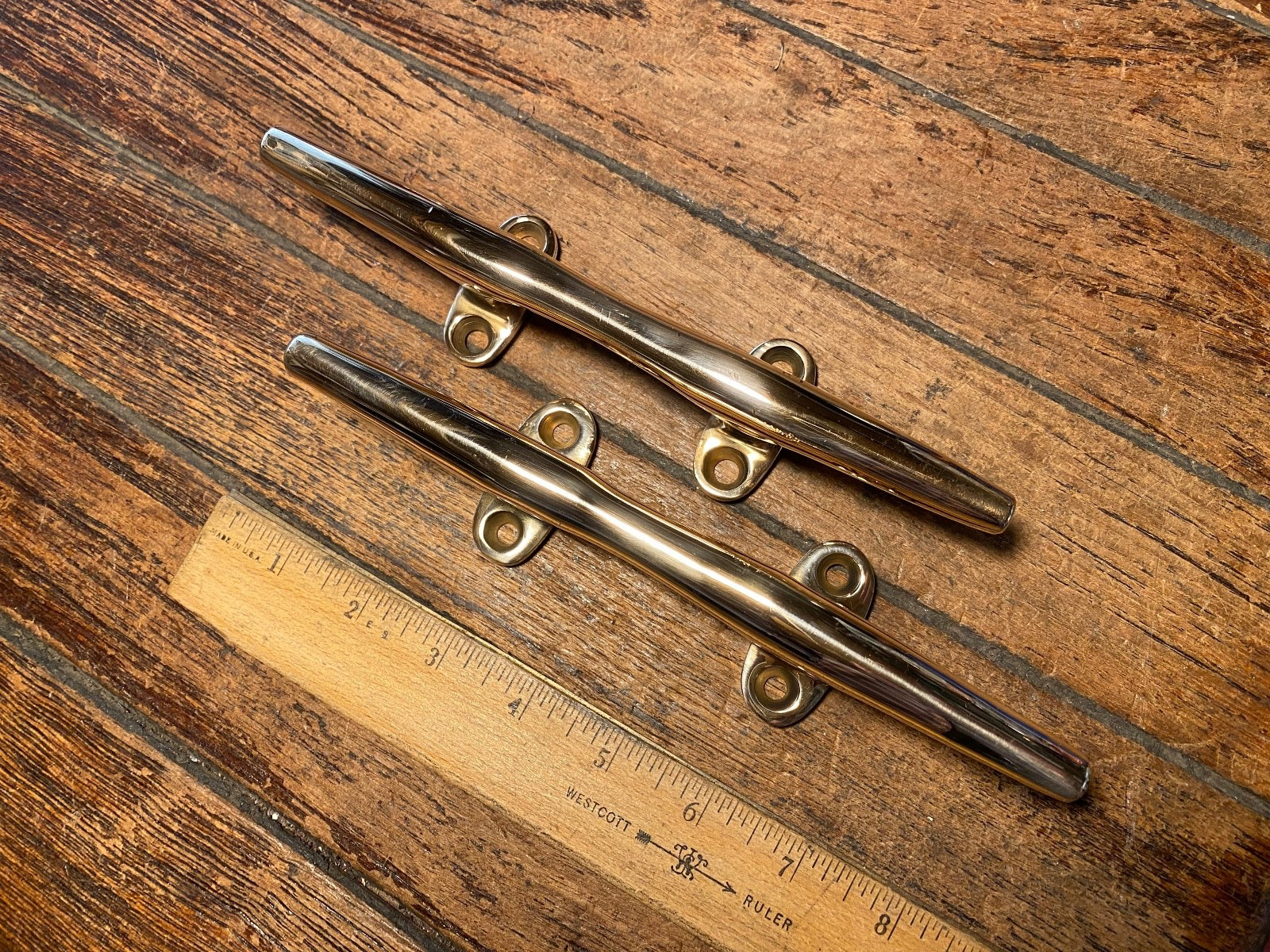 Pair Vintage Polished Bronze 8" Herreshoff Style Cleats, Drawer/Door Handles