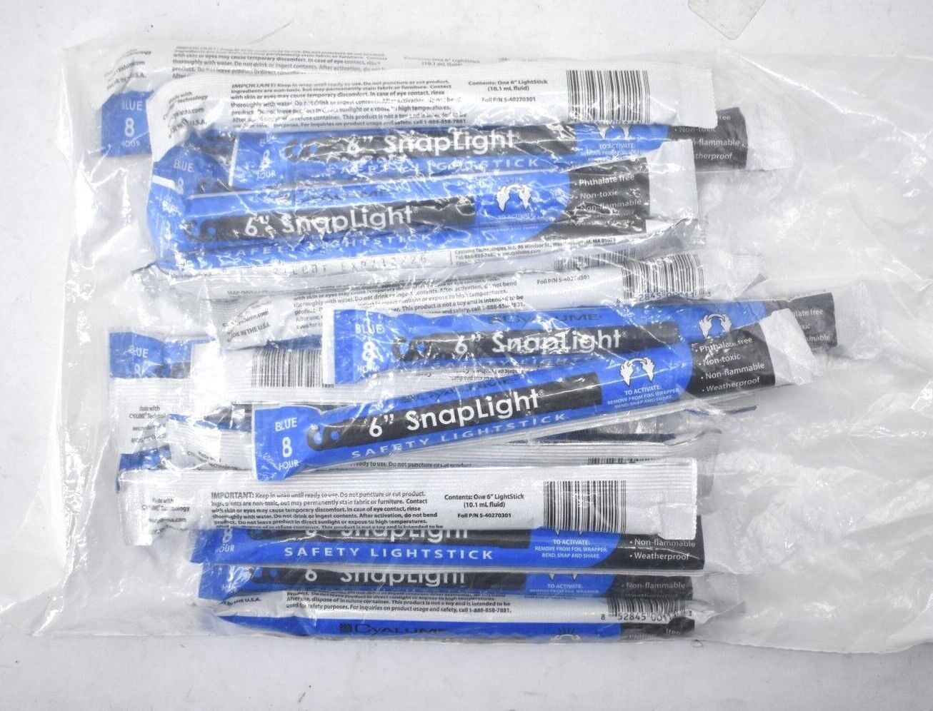 Lot Of 20 6" Snaplight Blue 8-Hour Glow Sticks Safety LightSticks 9-00723