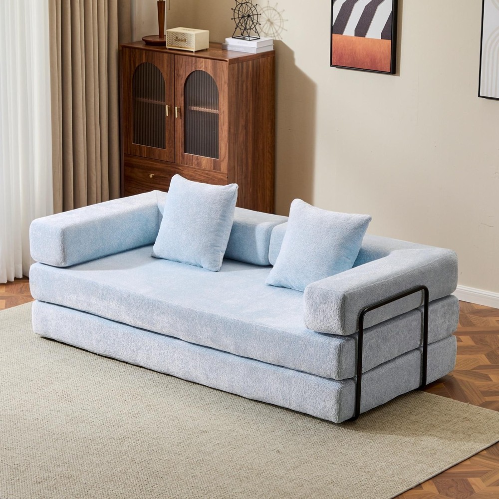 Convertible Floor Light Blue Chenille Sofa Bed W/ Pillow Armrest