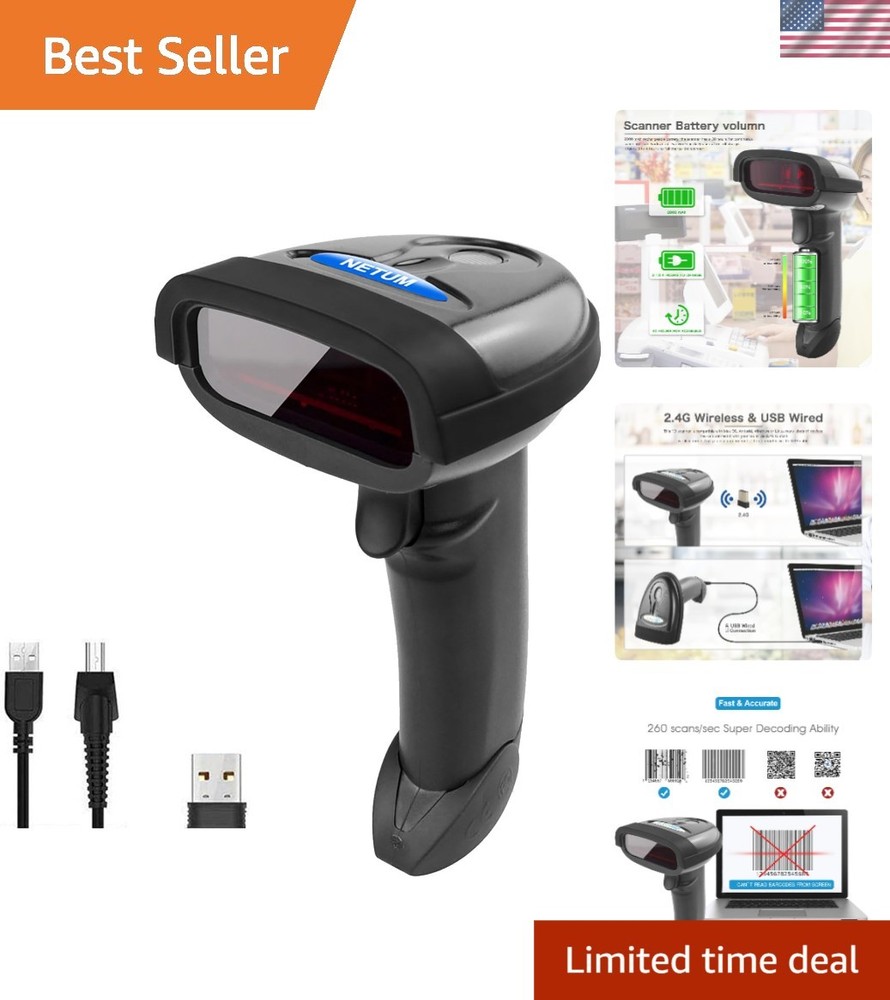 2-in-1 Wireless & USB Barcode Scanner - Rechargeable 1D Laser Reader (NT-1698W)