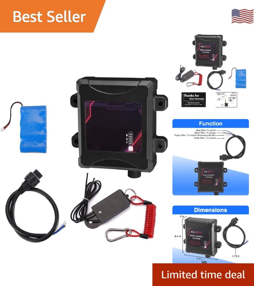 Trailer Breakaway System, Coiled Cable Switch, LED Indicator, 12V Battery Box...