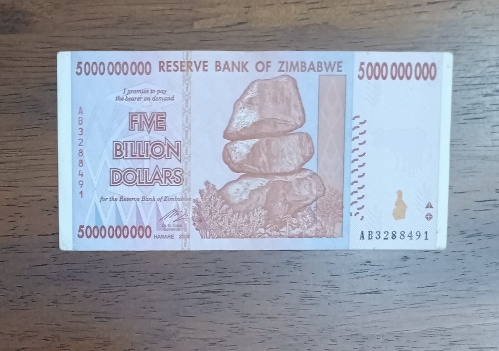 Zimbabwe 2008 $5 billion note, from the hyperinflation era