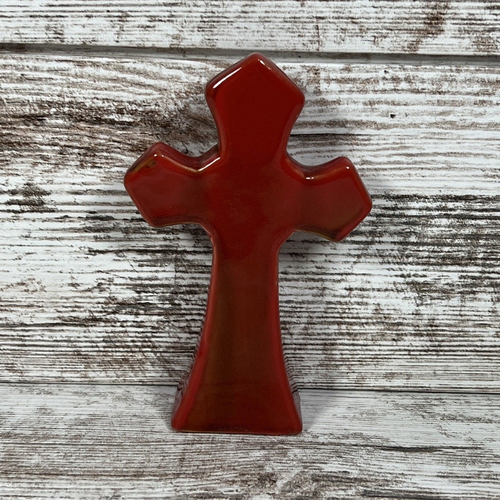 5” Red Ceramic Christianity Cross Hand Painted