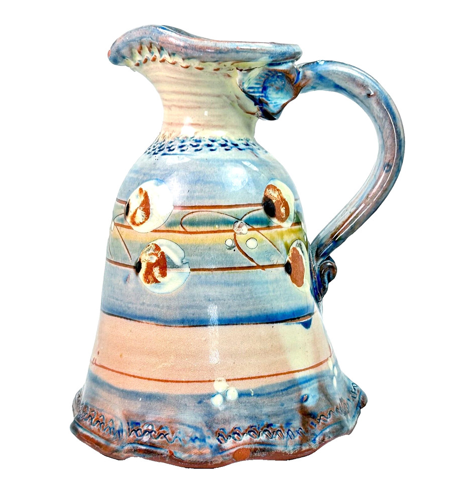 Studio Crafted Pitcher Hand Painted Glazed Pottery Signed 5.5" Chip C221