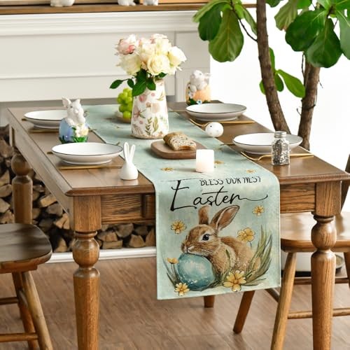 Bunny Rabbit Egg Flowers Easter Table 13" x 90", Table Runner Haze Blue
