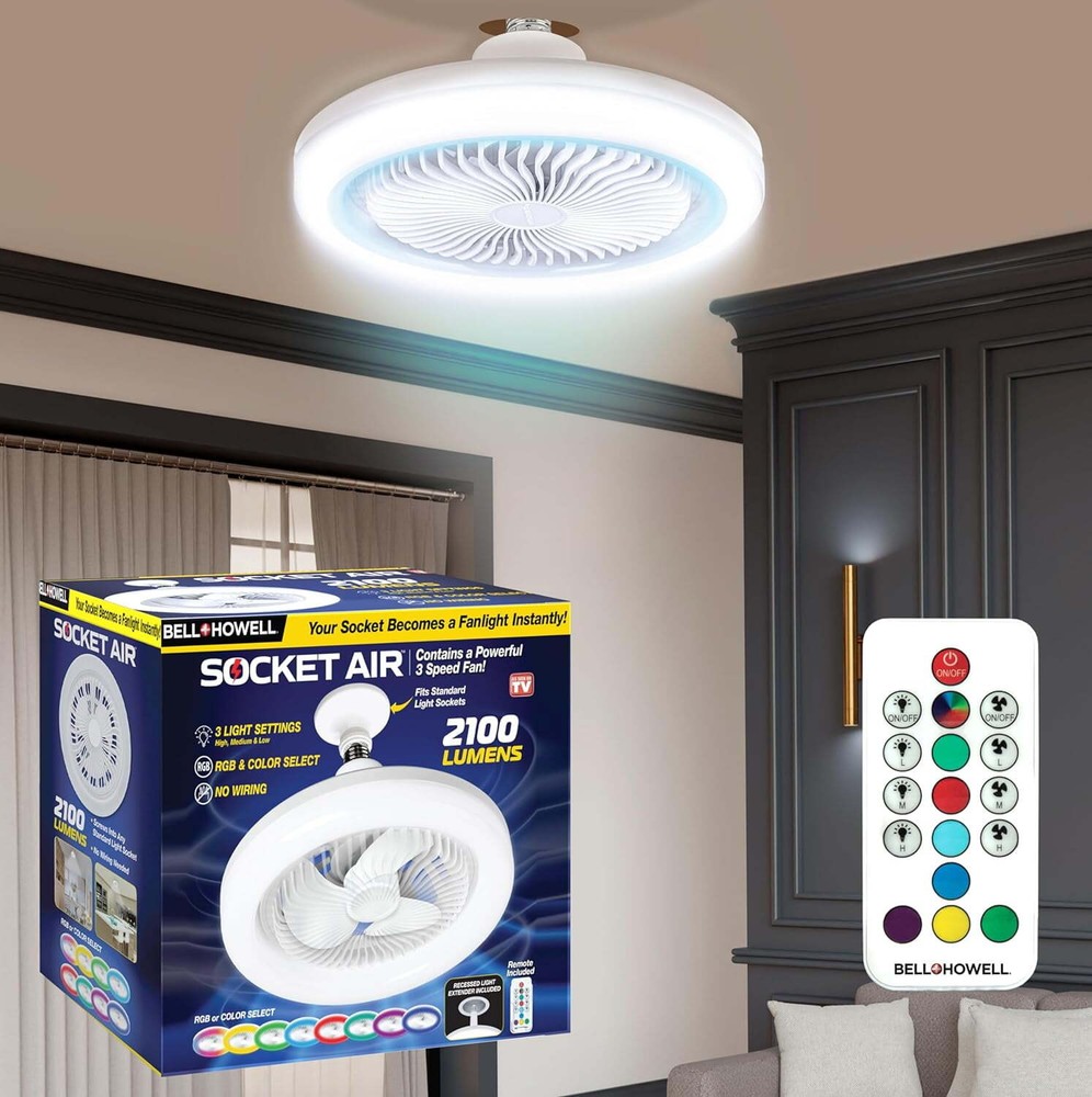Bell + Howell Socket Fan Ceiling Fan Light Indoor with Remote Dimmable LED