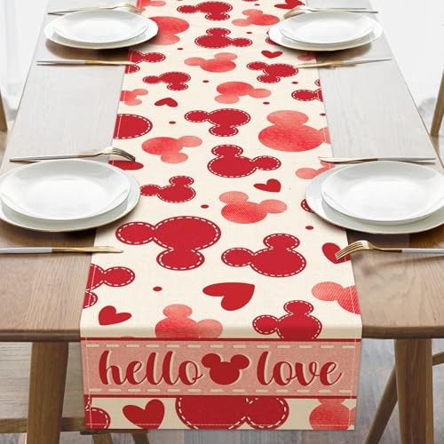 Valentines Table Runner, Hello Love Red Hearts Kitchen Dining Table