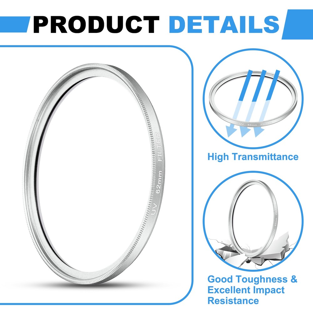 2Pcs 62mm Ultra Slim Lens Filter Multi Coating Camera Len Filter, Silver