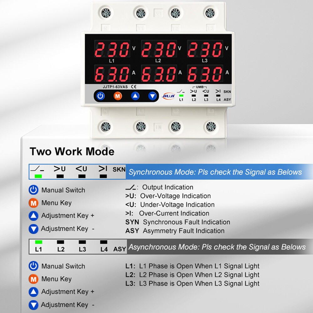 63A 3Phase Voltage&Current Protector Synchronous &Asynchronous Working Mode D0N3