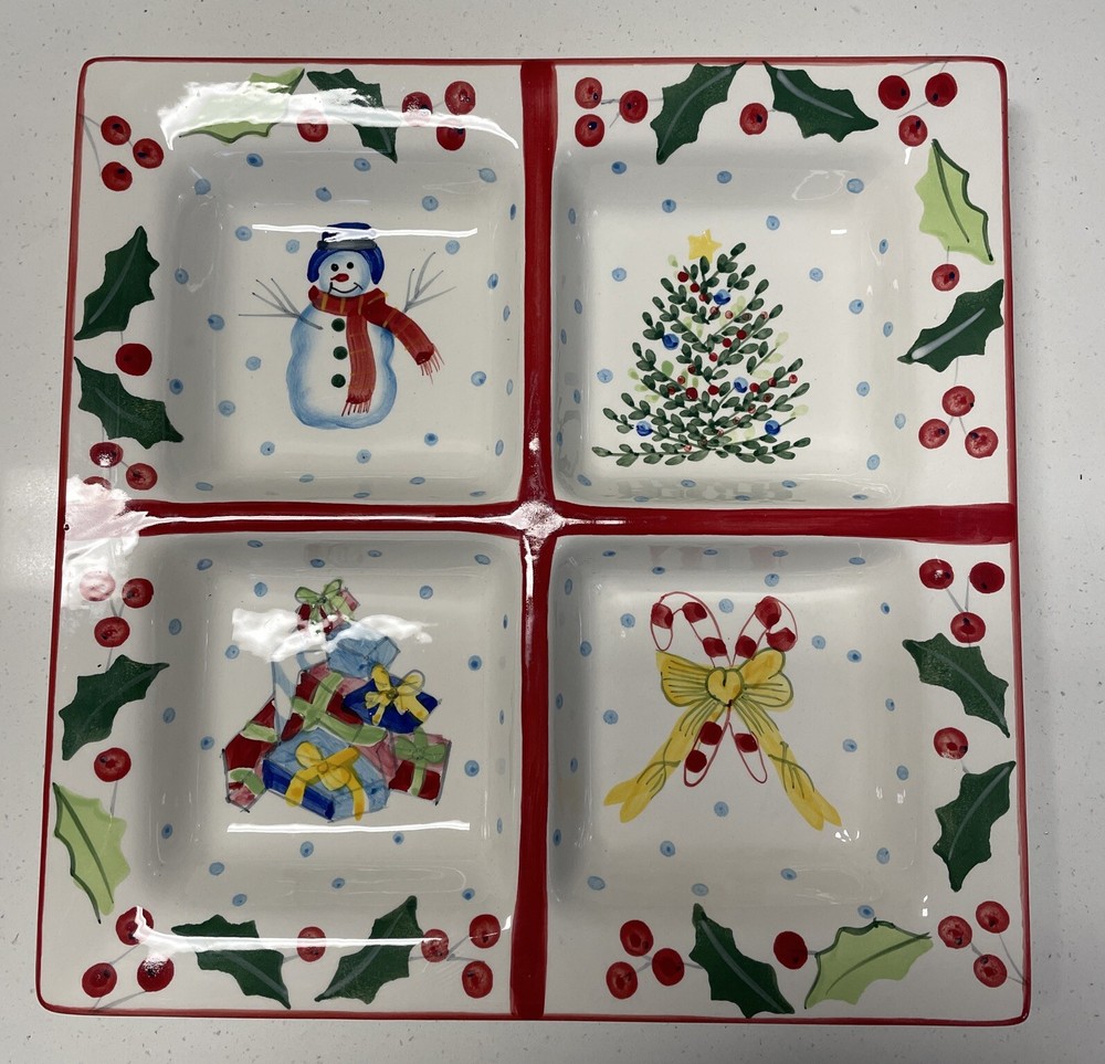 Block Basics Whimsy Christmas Holiday 4 Section Serving Tray 12” Hand Painted