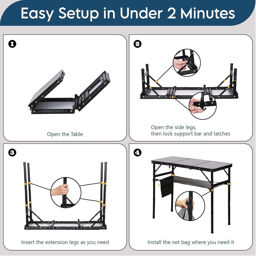 Folding Camping Table W/ 3 Adjustable Height 3ft Foldable Aluminum Camp Table