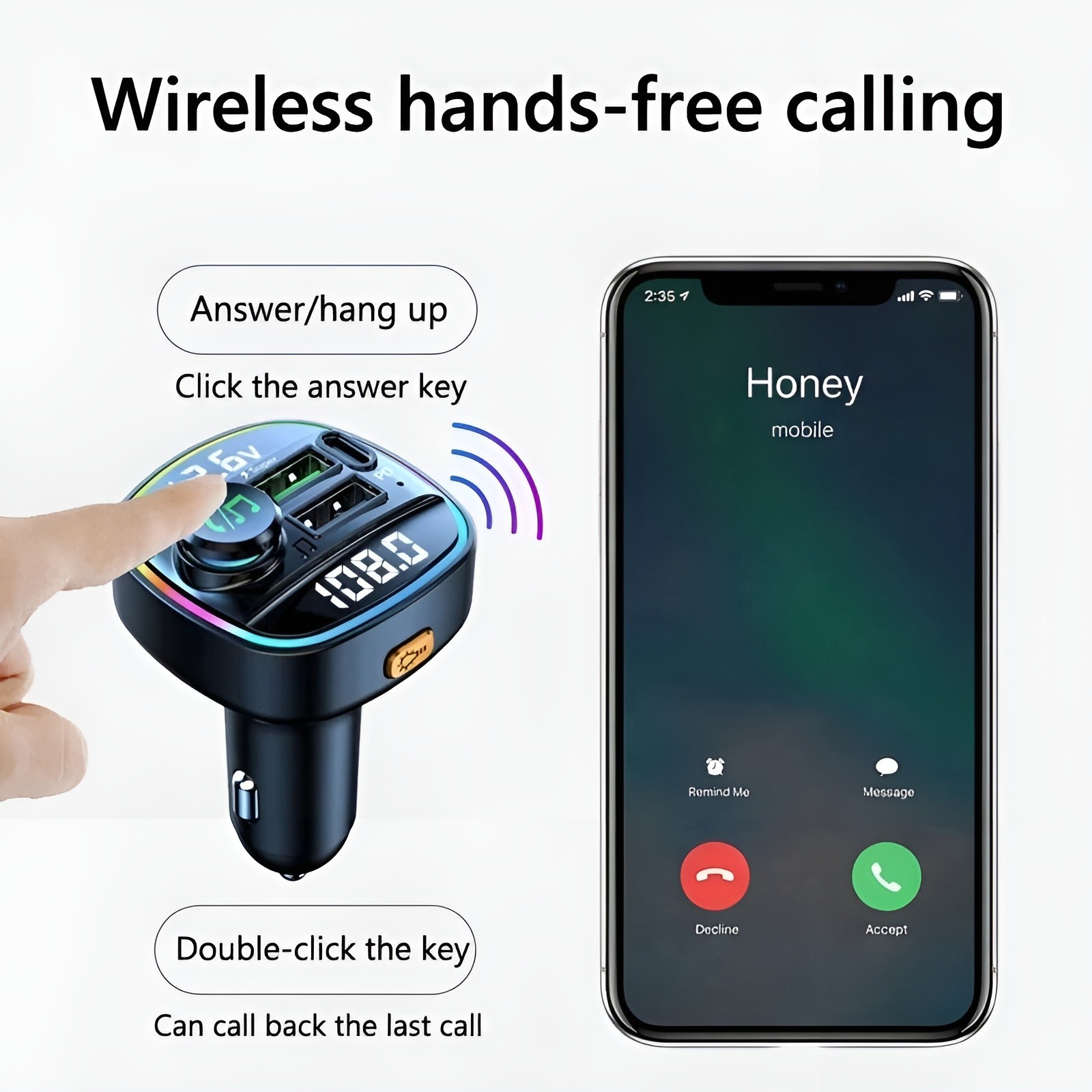 Bluetooth 5.0 Car FM Transmitter Adapter, Hands-Free, USB Charger, AUX Audio