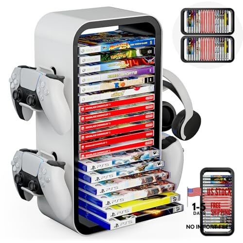 Universal Game Rack - Stores 19 Games, 4 Controller Holders, Organizes