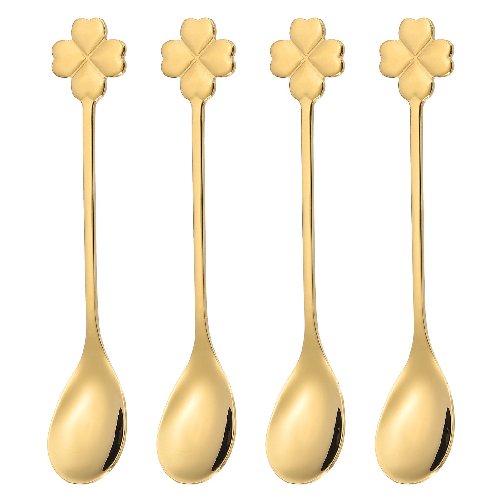 4pcs Coffee Spoons, Four Leaf Grass Tea Spoons Stainless Steel, Gold