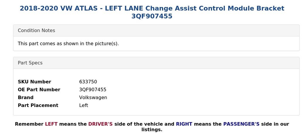 2018-2020 VW ATLAS - LEFT LANE Change Assist Control Module Bracket 3QF907455