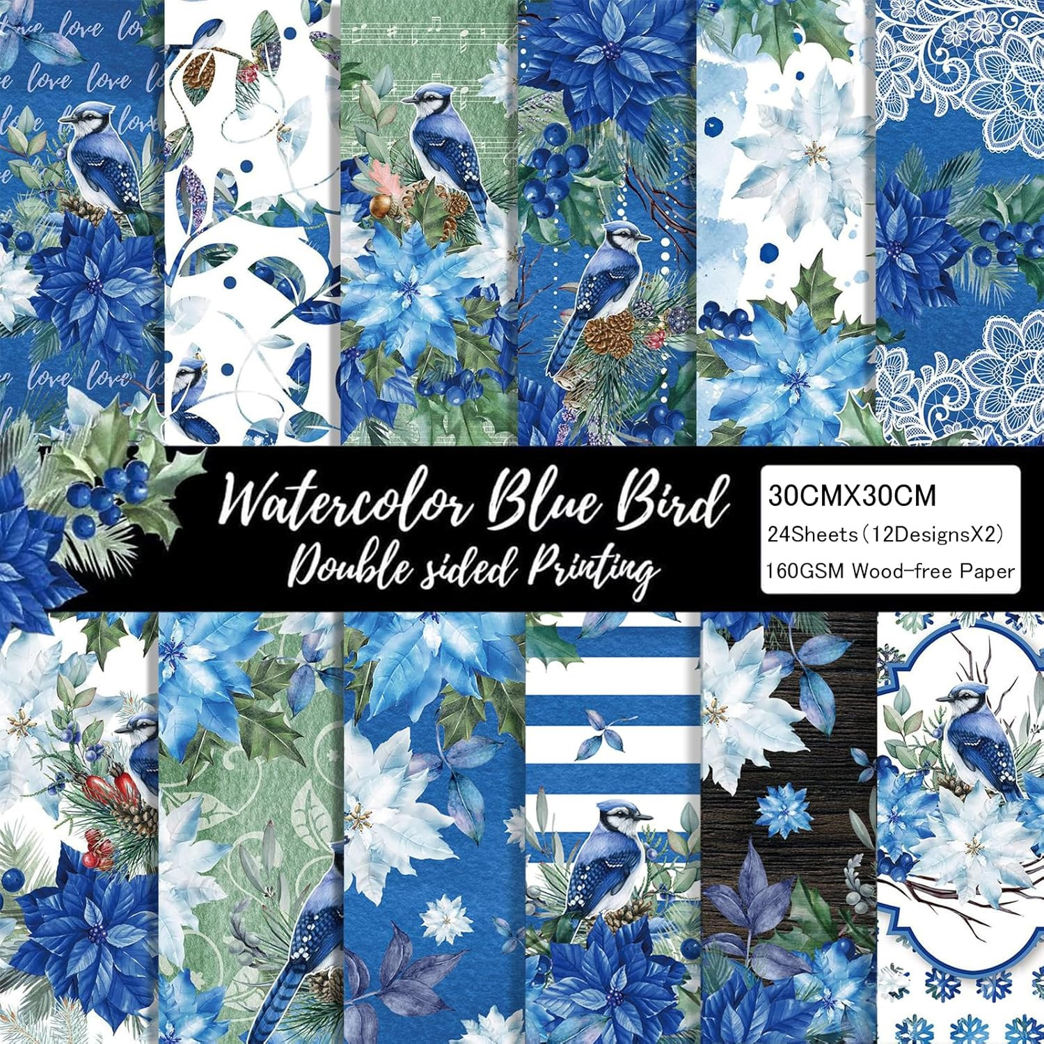 Blue Floral Scrapbook Paper 12x12 Double-Sided 24 Sheets Craft & Card Making
