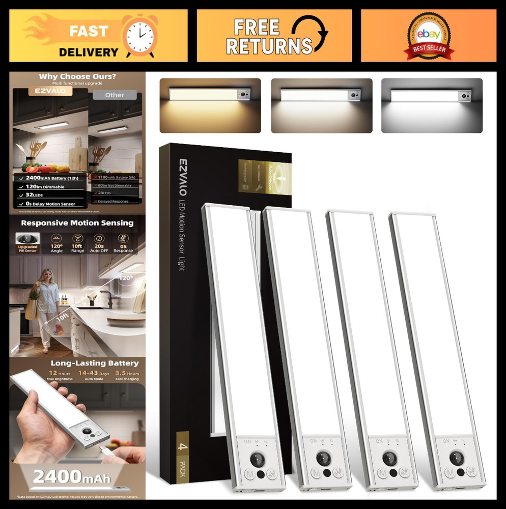 Rechargeable Motion Sensor Under Cabinet Lights - 4-Pack, Dimmable, Magnetic, 3