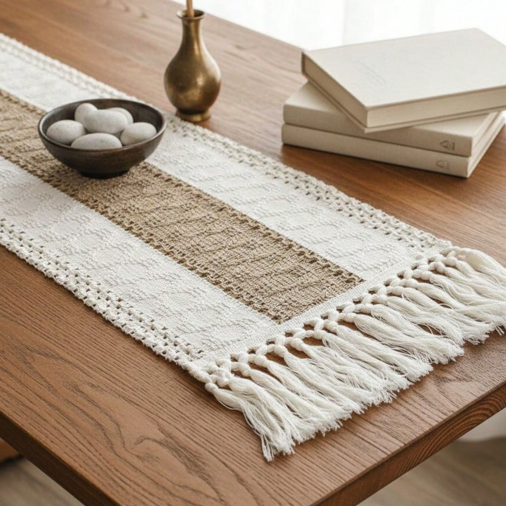 Boho Table Runner With Tassels Cream & Brown Macrame Woven Table Runner Mat