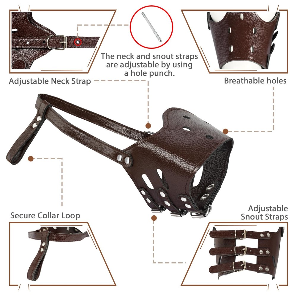 Dog Muzzle Leather, Soft Secure Anti-Barking Leather Muzzle for Medium Sized ...