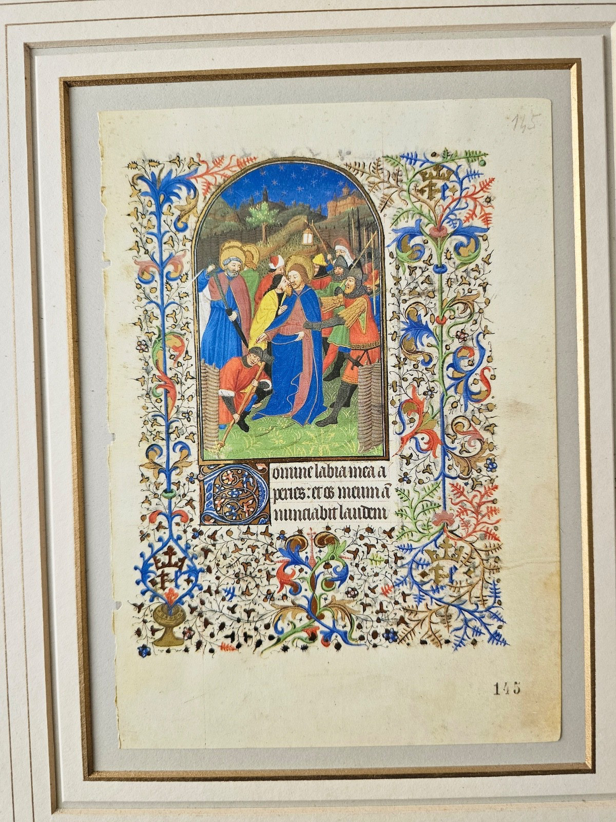 A CHARMING MOUNTED ANTIQUE ILLUMINATED MANUSCRIPT PAGE, EMBOSSED