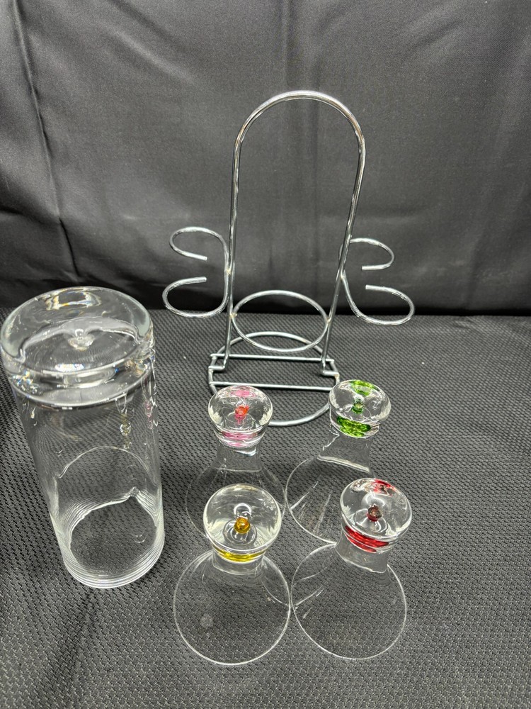 Circleware "BUBBLE" Barware ~ (4) Cordial Glasses w/ Pitcher and Rack
