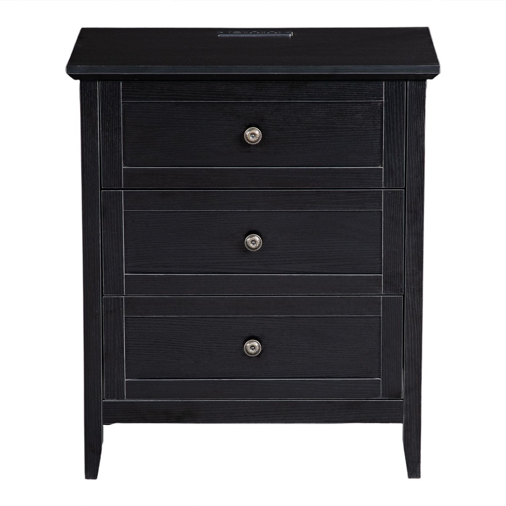 Black P2 MDF Particleboard with Melamine Veneer Three-drawer Bedside Table