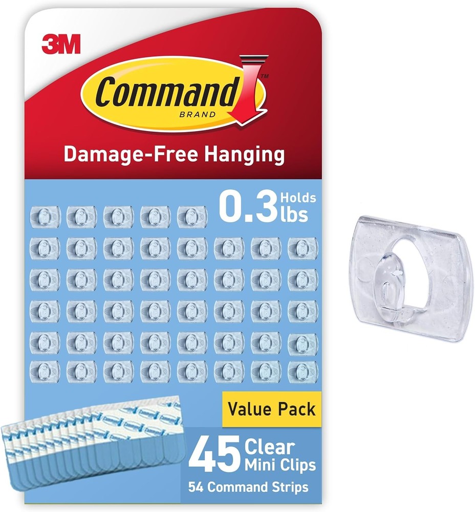 Command Mini Light Clips 45 Clear + 54 Strips Indoor Damage-Free Christmas Light