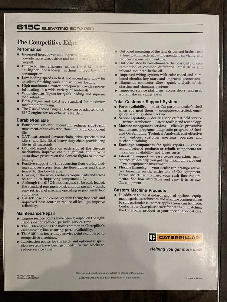 Caterpillar 615C Elevating Scraper Brochure ‘88