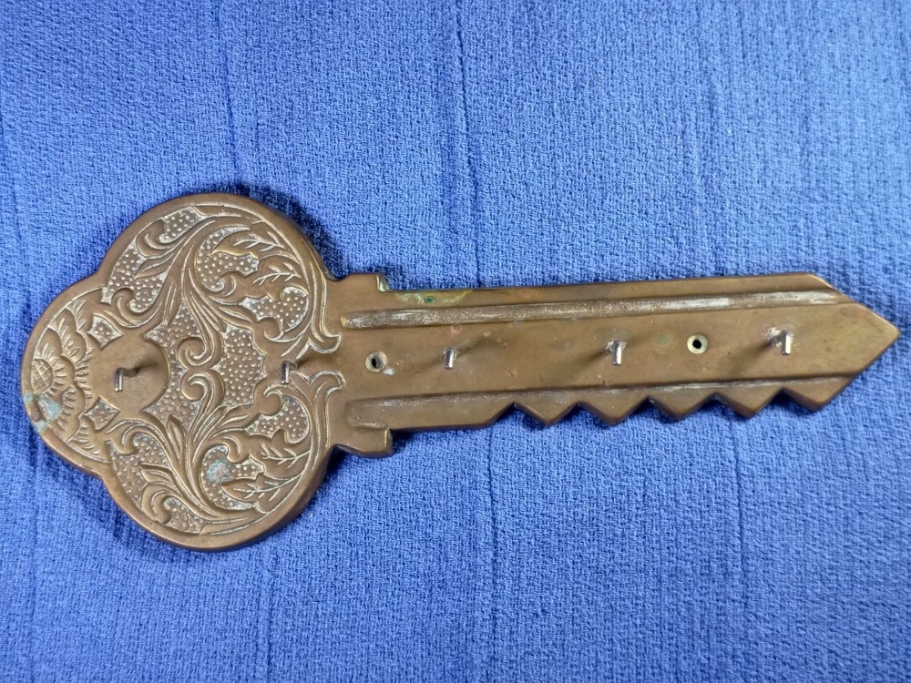 Vintage LARGE Wall Key Holder, Key Shaped Solid Brass w 5 Hooks