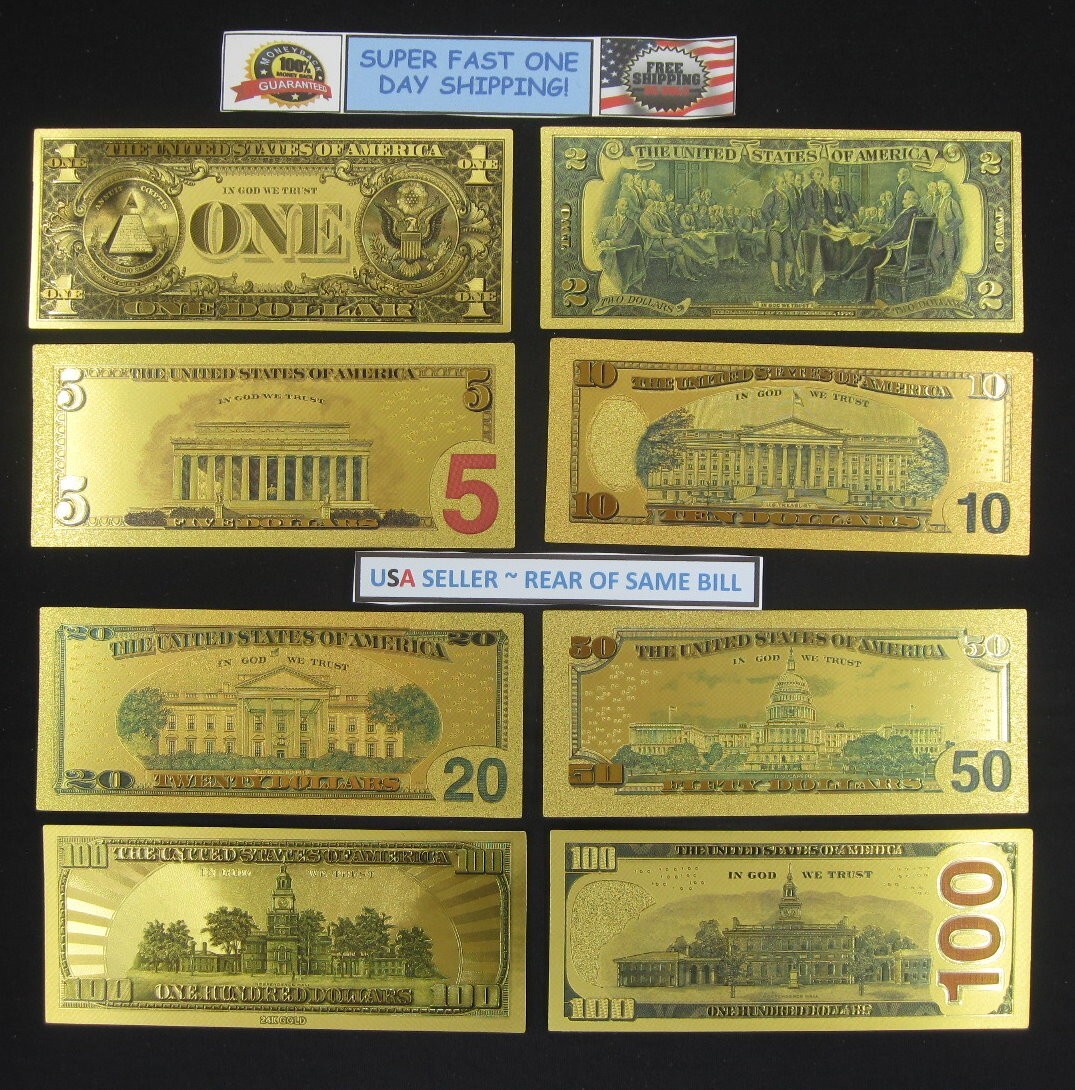 24k Gold Foil Plated US Currency Banknote Set-8 Bill Collectible Novelty