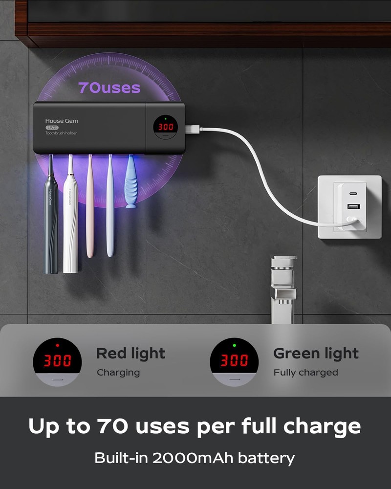 HouseGem Toothbrush Holder, Timer Function, 2000mAh Rechargeable Cordless Wal...