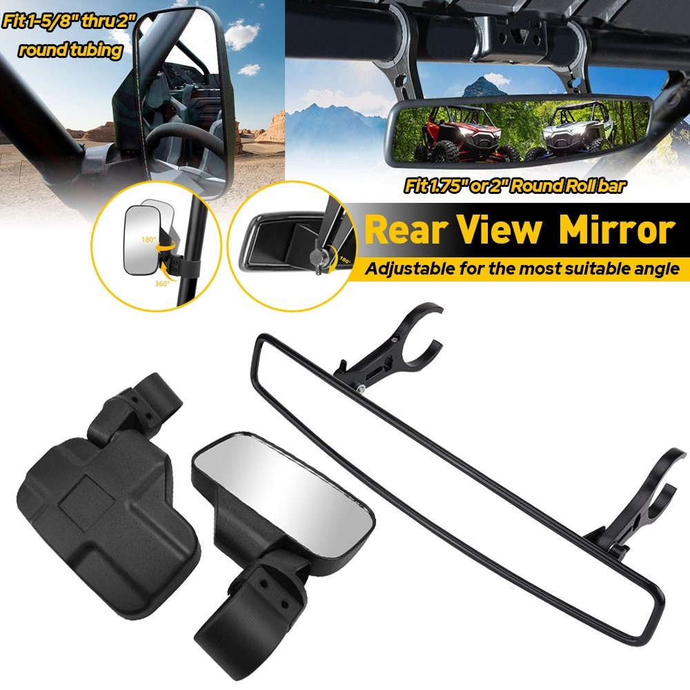 Universal UTV View Rear Mirror Side Center + Mirror Set Adjustable 1.75"-2"