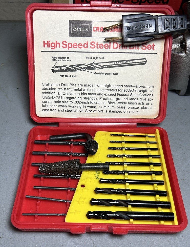 Sears Craftsman 3/8” Reversible Variable Speed Electric Drill w Bit Set CLEAN