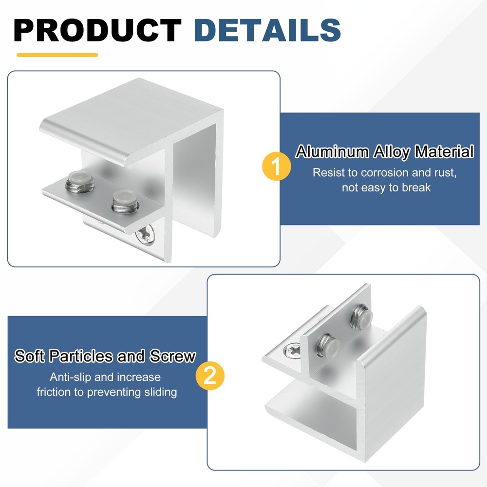 2pcs 90° clamp for glass thickness 18-20mm, adjustable support, silver