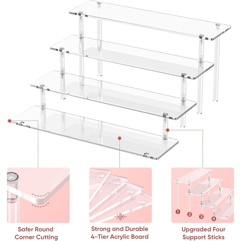 Clear 4 Tier Acrylic Display Riser Stand Sturdy Easy Install Space Saving New