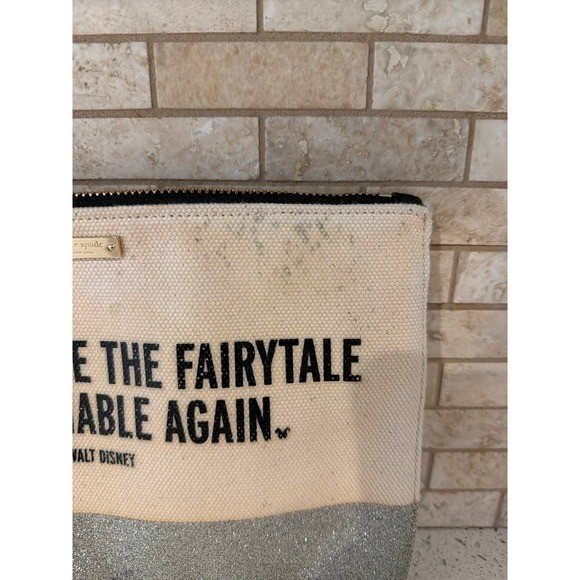 KATE SPADE DISNEY CLUTCH WRISTLET SILVER GLITTER WALT DISNEY QUOTE FAIRYTAIL