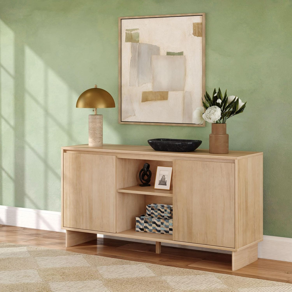 59" Modern Pine Sideboard Buffet Cabinet with Doors & Shelf
