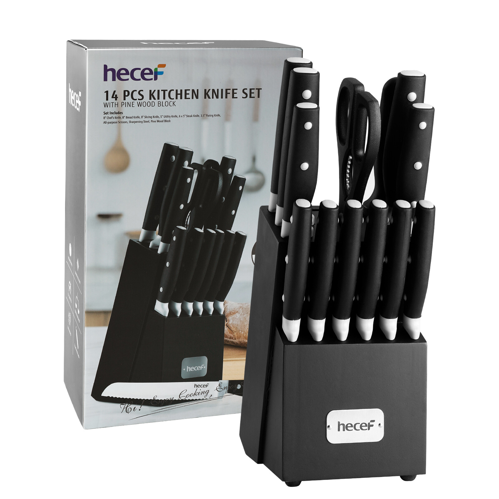 14 PCS Kitchen Knife Block Set High Carbon Stainless Steel Cutlery w/ Sharpener