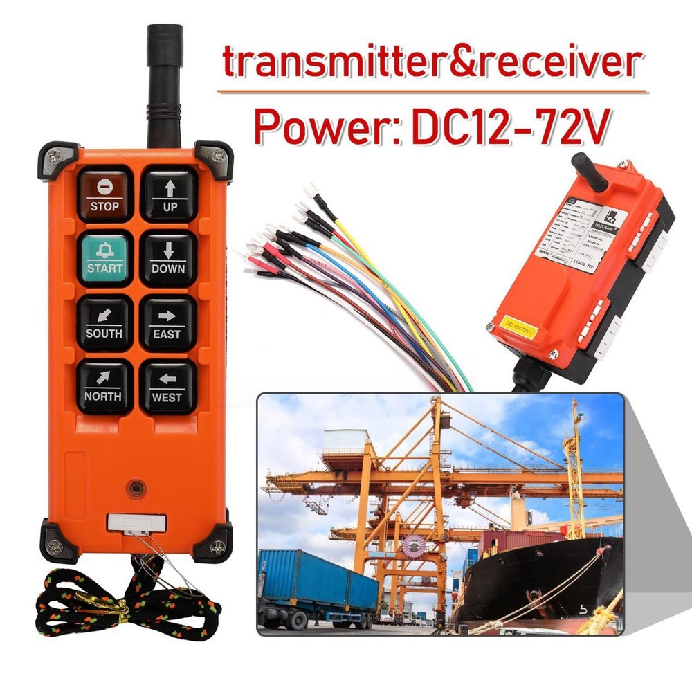 Wireless Crane Remote Control, 8-Button Transmitter + 1x Receiver, 12V-72V