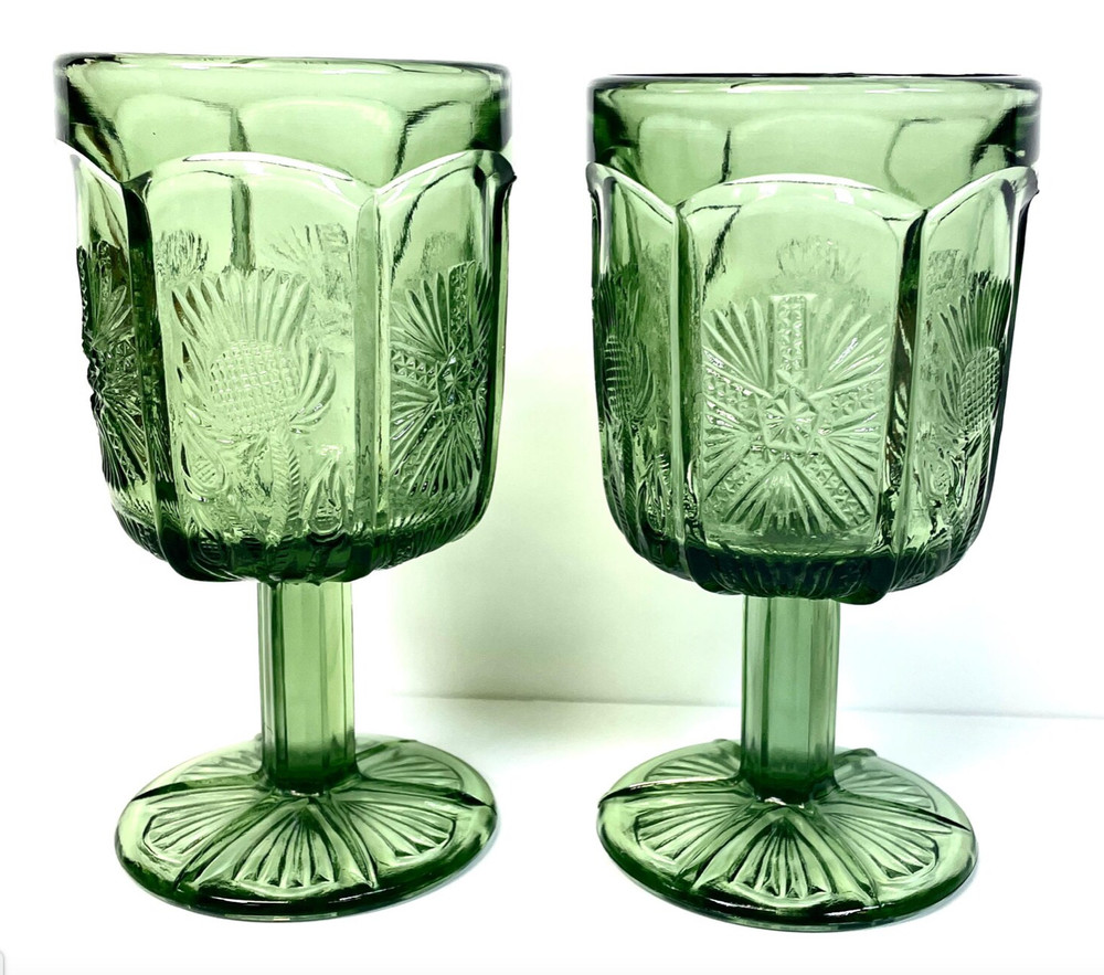 2 Paneled  LG Wright Thistle Goblets Olive Green - See Pics