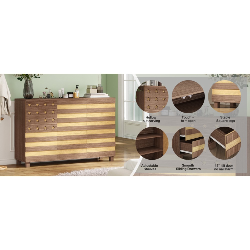 55" Buffet Brown Sideboard Cabinet,2 Drawers, 3 Doors, Adjustable Shelf